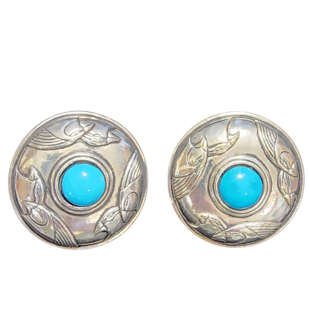 Round Harlequin Bird Turquoise Blue ClipOn Earrings ST Vintage Laurel Burch 1980
